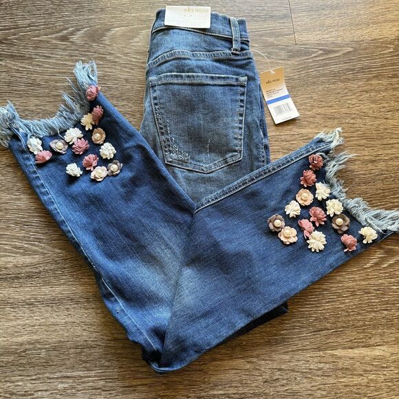 Ella Moss Juniors High Waist Straight Leg Ankle Blue Jean Size 25 Embroidered - Picture 2 of 10